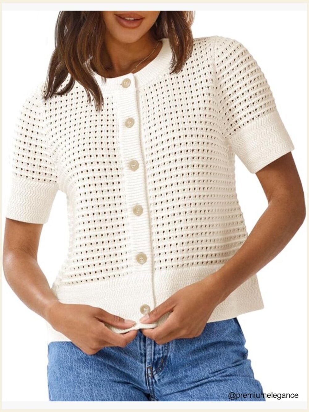Crochet Short Sleeve Cardigan Button Up Crew Neck Summer Beach Knit Sweater Top